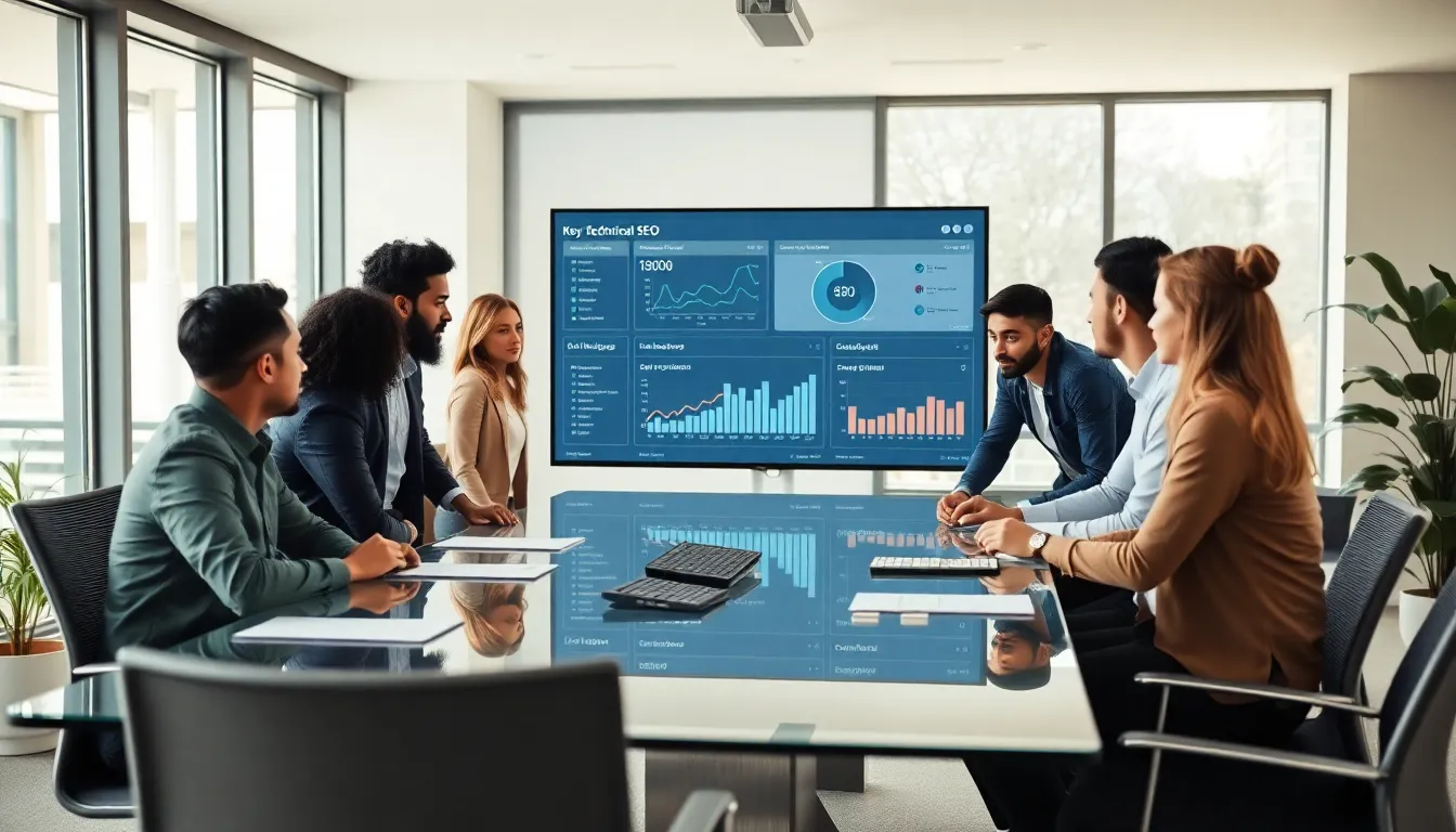 diverse team discussing technical SEO in a modern office.