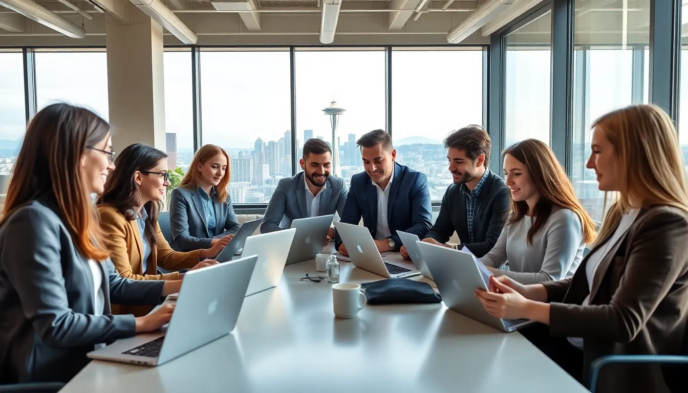 diverse professionals collaborating in a coworking space in Seattle.