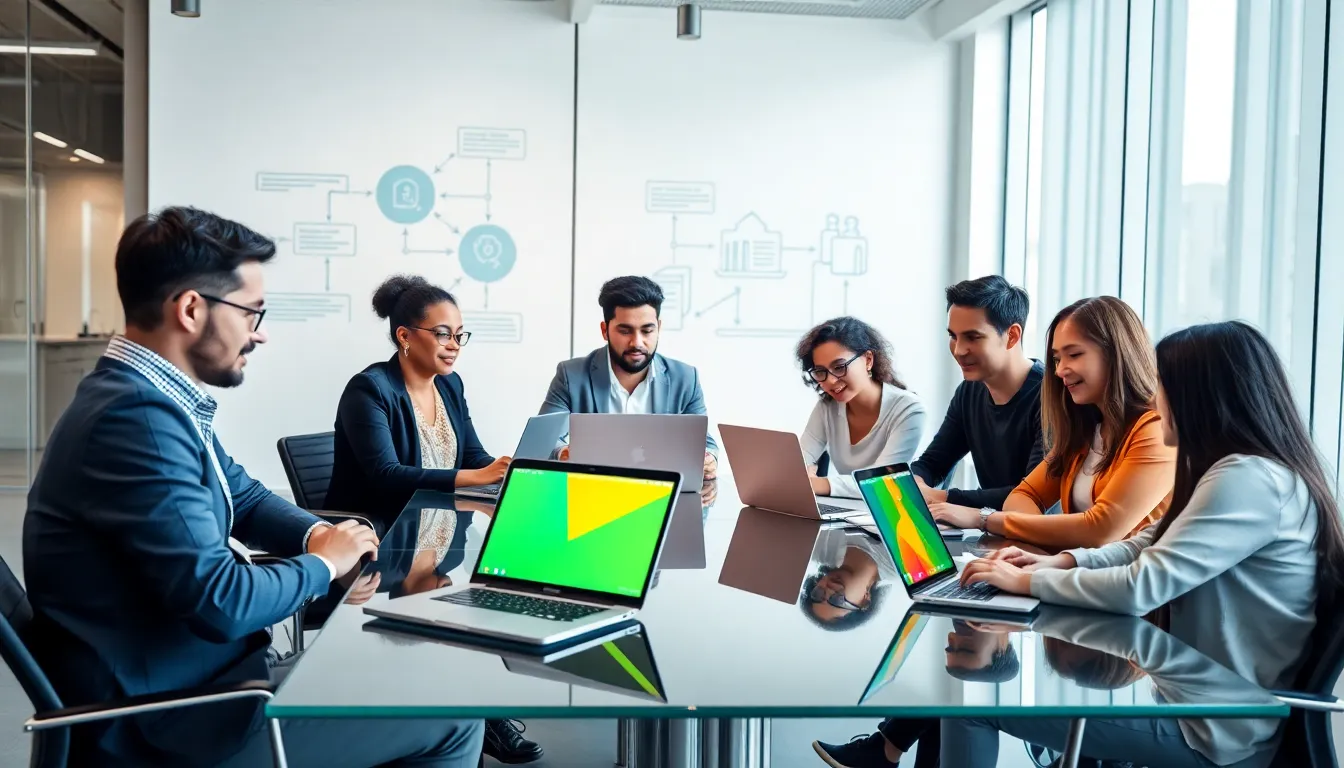 diverse team collaborating in a modern office for cloud application development.