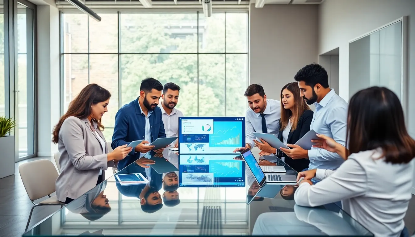 diverse team collaborating over SaaS AI solutions in a modern office.