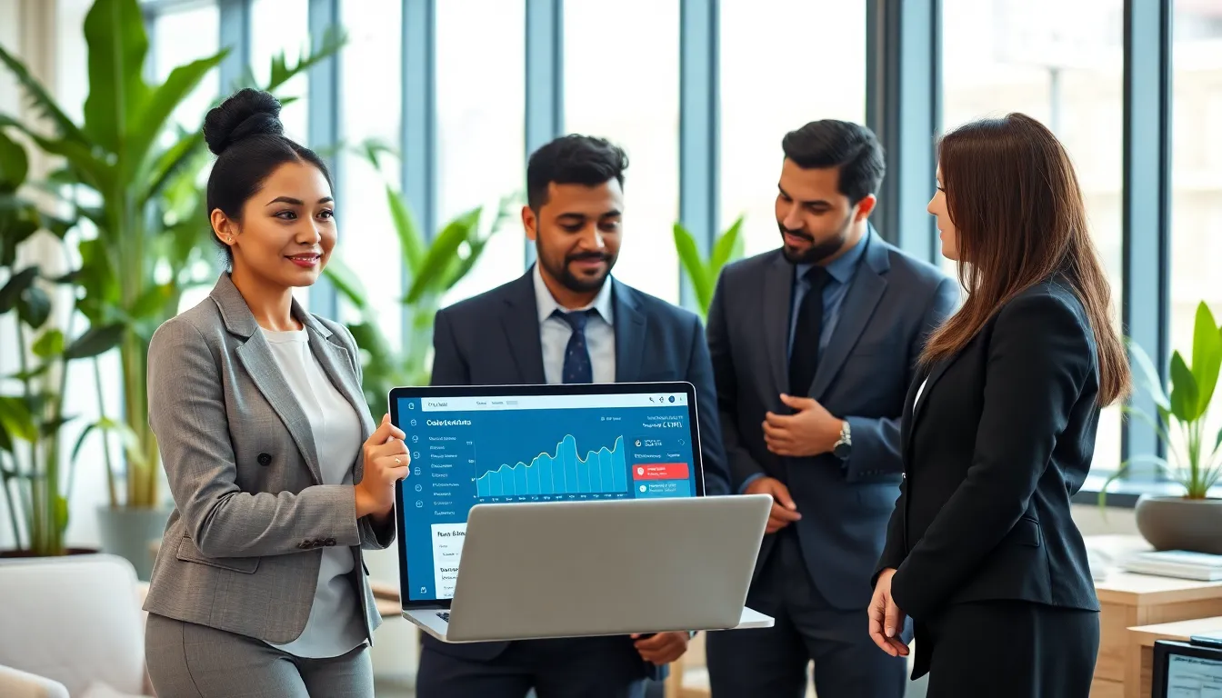 diverse professionals discussing SaaS CRM software in a modern office.