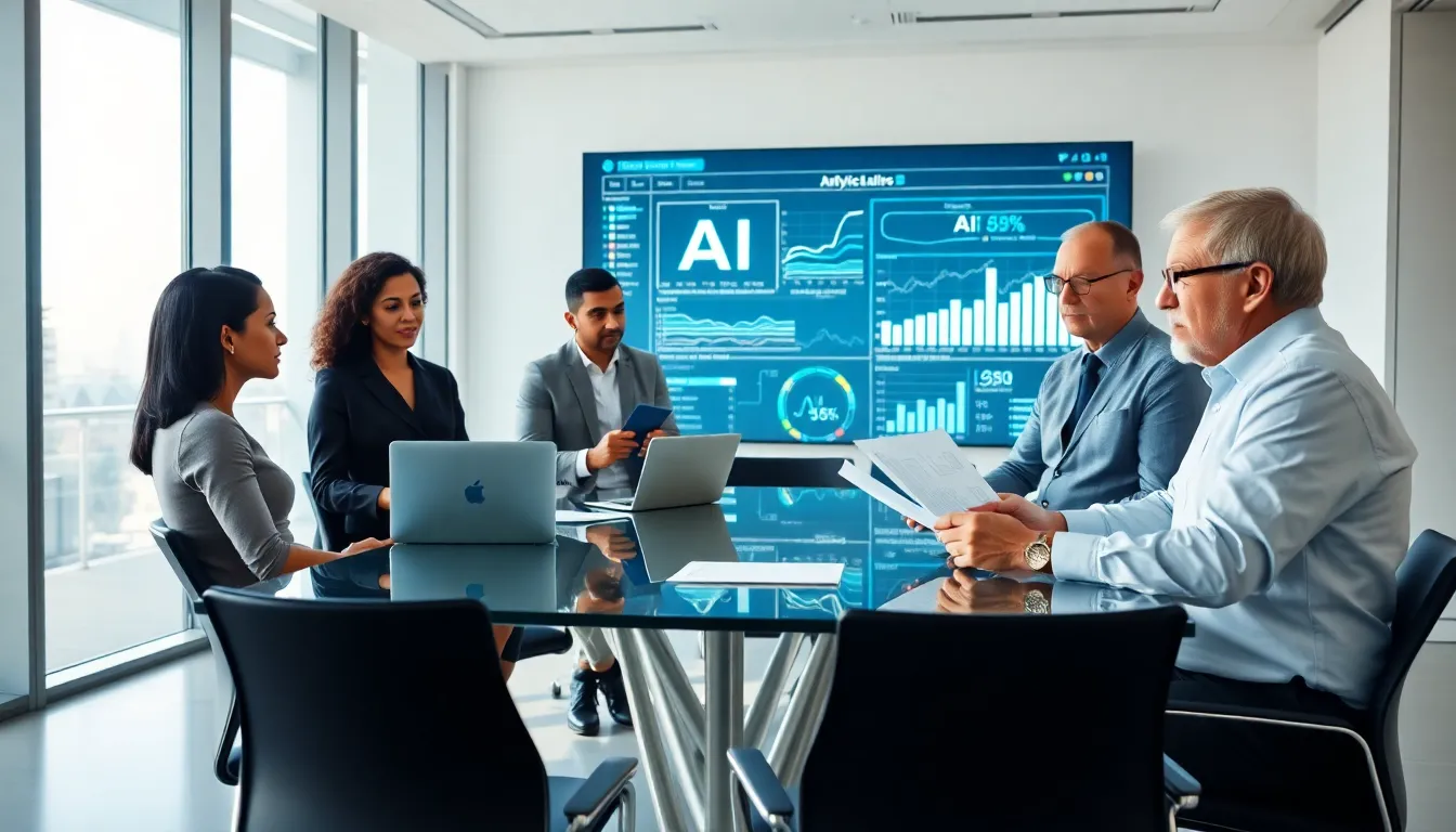 diverse team analyzing AI data in a modern office.