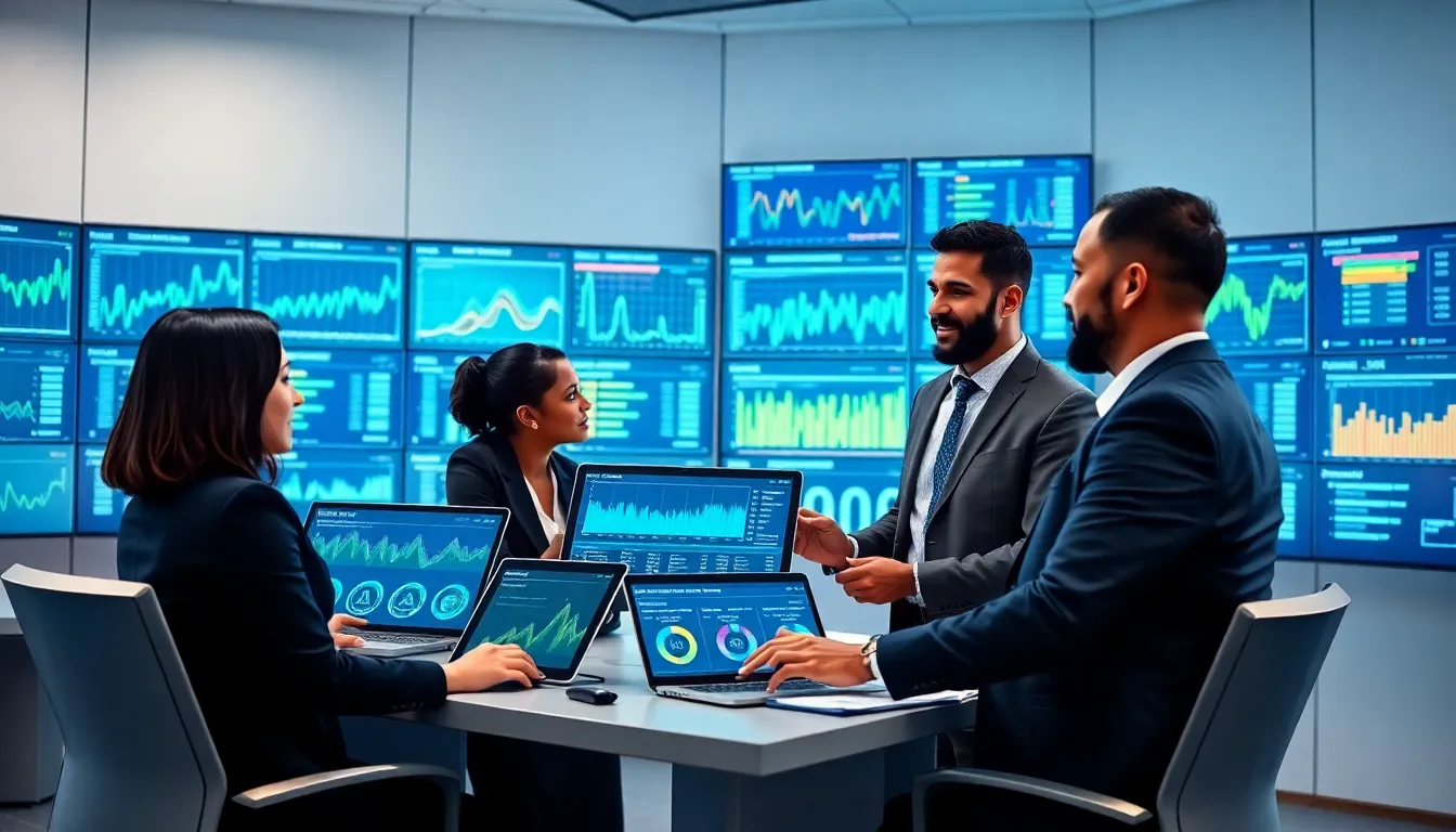 diverse team in a control room analyzing energy data with technology.