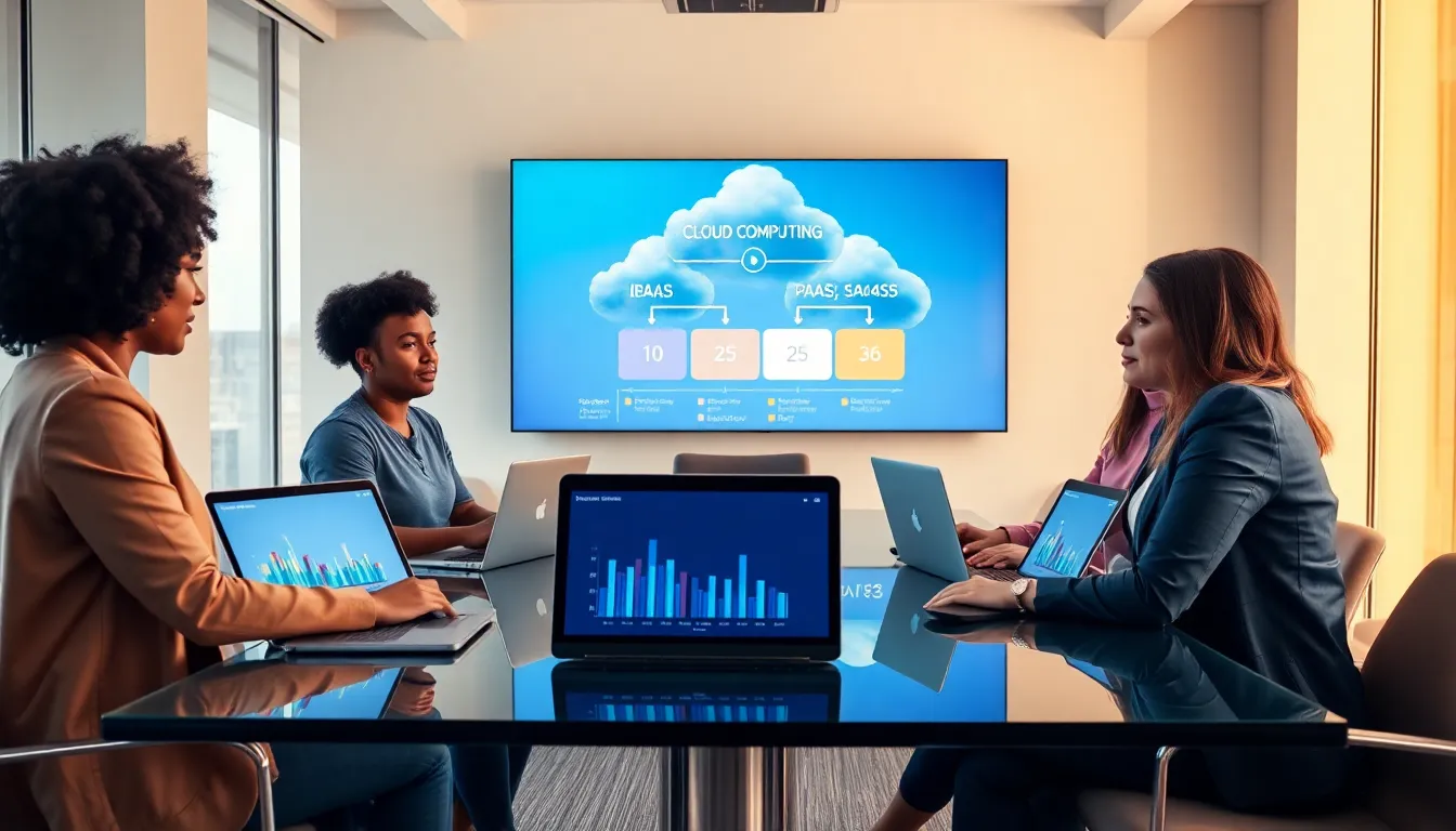 diverse team discussing cloud computing models in a modern office.