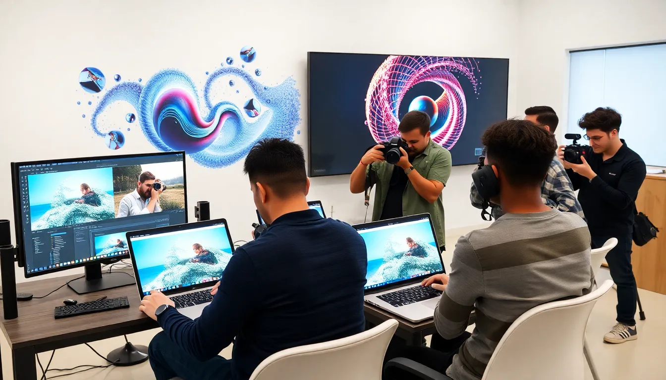 diverse group of photographers in a modern studio using AI technology.